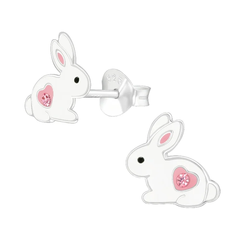 Earrings Sparkle Test-Pink Crystal Bunny Stud Earrings in Sterling Silver