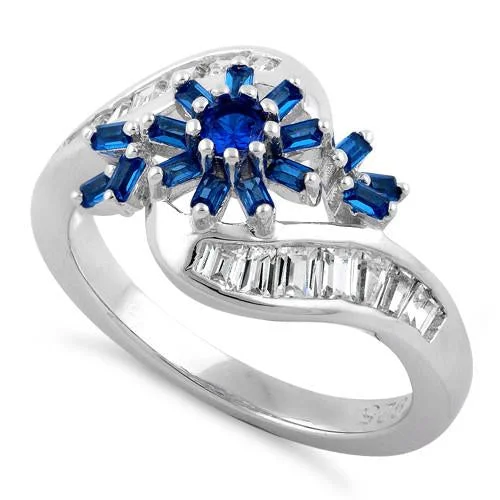 Best Light Rings-Sterling Silver Blooming Flower Blue Sapphire CZ Ring