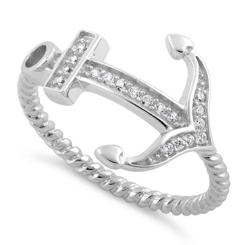 Rings For Knuckle Style-Sterling Silver Anchor CZ Ring