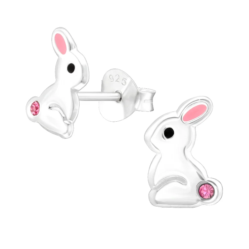 Earrings For Kids-Bunny Rabbit Stud Earrings with Pink Crystal in Sterling Silver