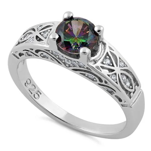 Rings For Private Parties-Sterling Silver Rainbow Round Cut Engagement CZ Ring