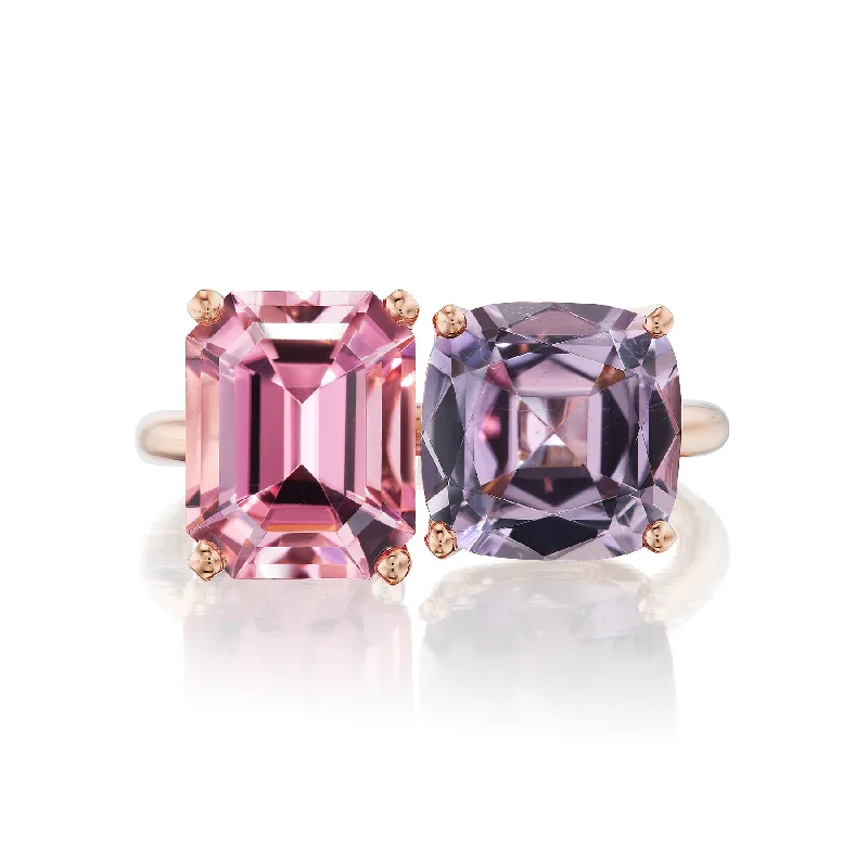 Statement Rings For Impact-One of a Kind Bold 2-Stone Ring with Pink Tourmaline & Grey Purple Tourmaline