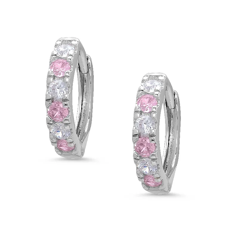 Earrings For Private Parties-CZ Hoop Earrings - Pink & White (3mm)