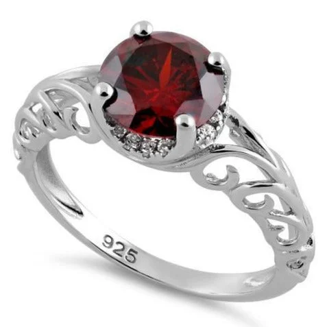 Rings For Busy Days-Sterling Silver Swirl Design Garnet and Clear CZ Ring