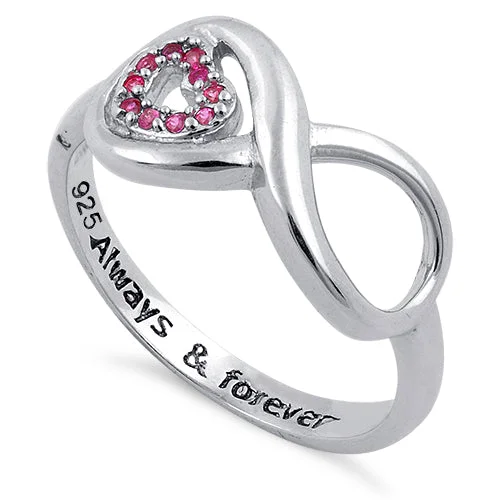 Rings For Casual Style-Sterling Silver Infinity Ruby Heart "Always & Forever" Engraved CZ Ring