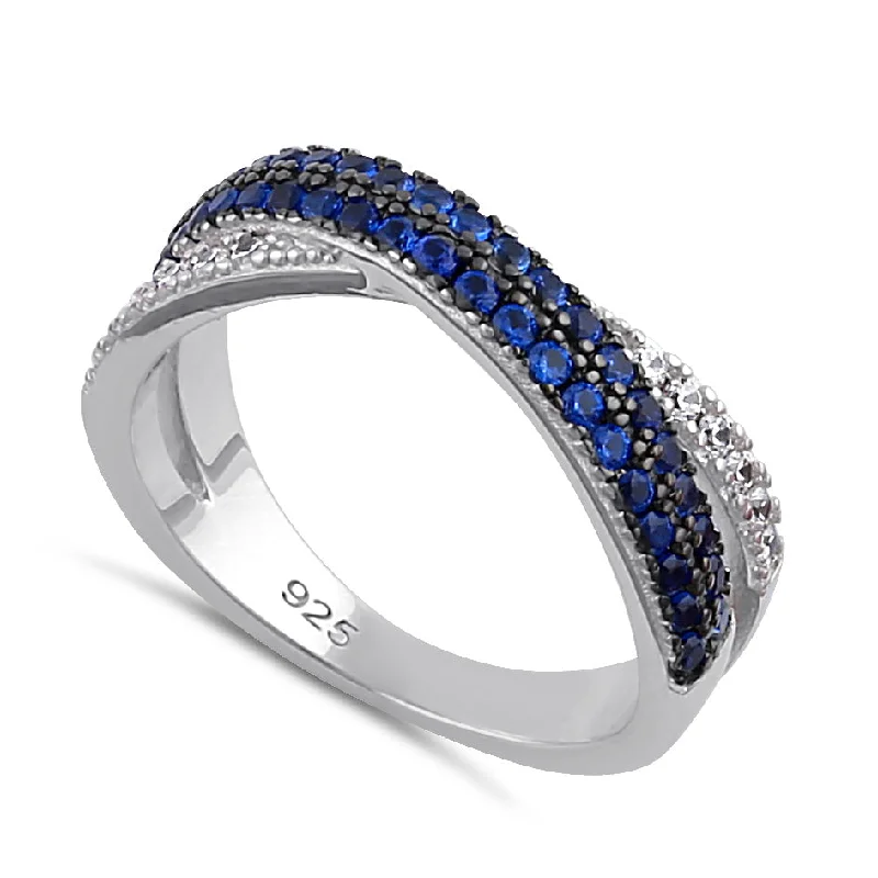 Rings For Wild Style-Sterling Silver Blue Spinel and Clear CZ Crossover Ring