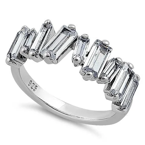 Rings Dust Tips-Sterling Silver Asymmetrical Baguette Straight Clear CZ Ring