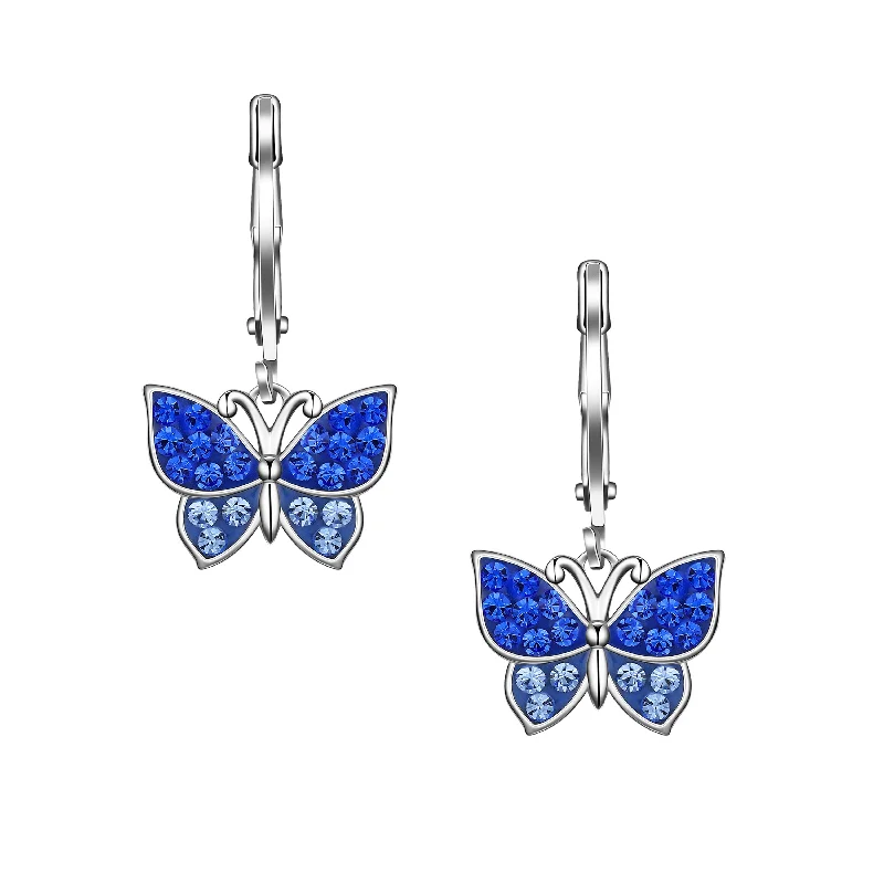 High Grade Earrings-Crystal Butterfly Leverback Dangle Earrings - Blue