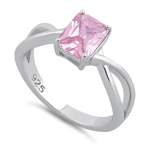 Best Pick Rings-Sterling Silver Twist Emerald Cut Pink CZ Ring