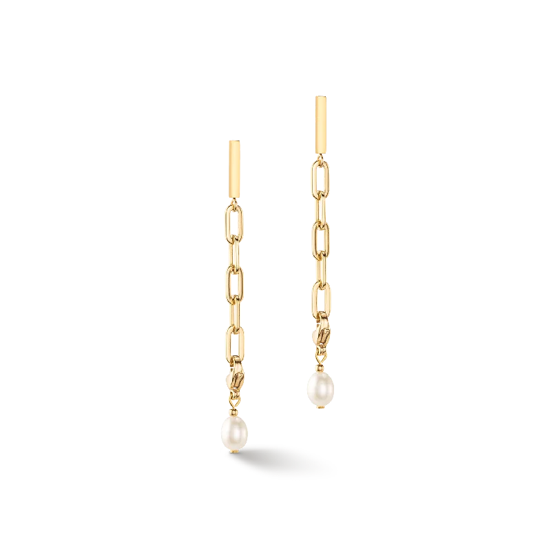 Earrings Polish Tips-Modern chain earrings with freshwater pearl charms gold