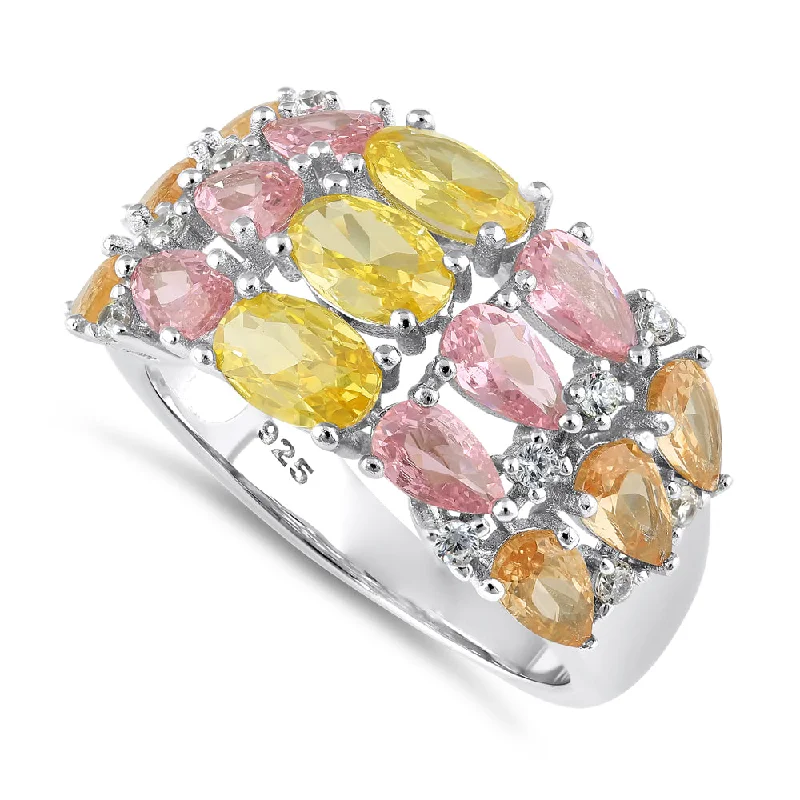 Rings Glow Tips-Sterling Silver 3-Row Colorful CZ Ring