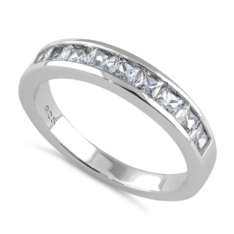 Rings For Solo Wear-Sterling Silver Half Eternity Princess Cut CZ Band Ring