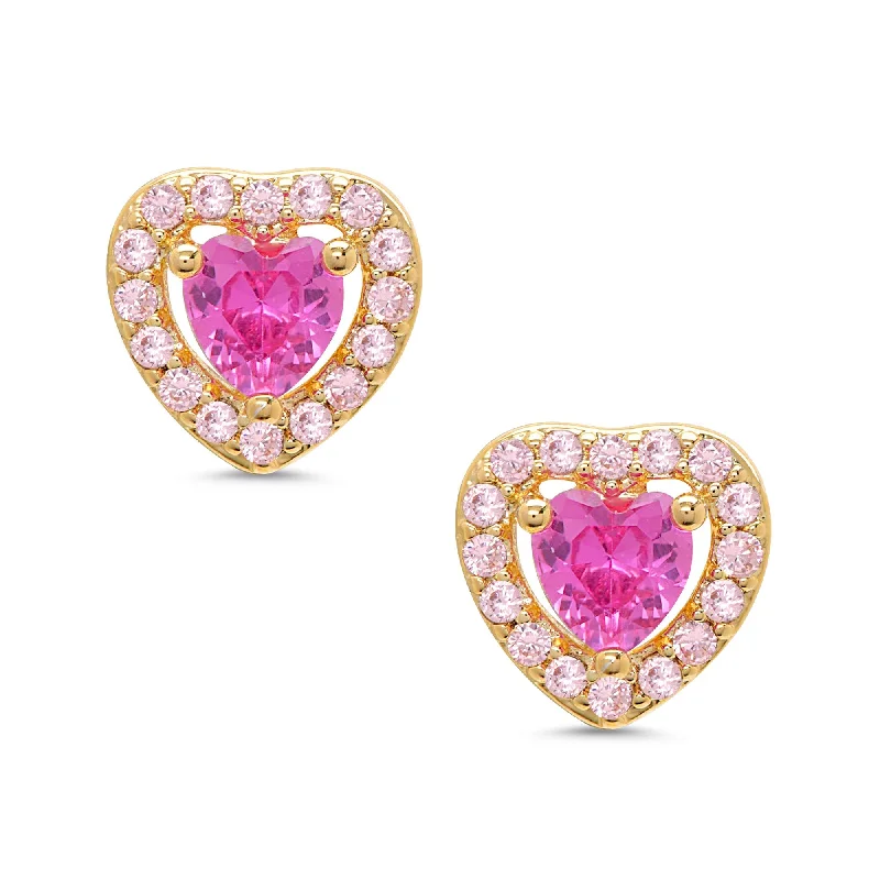 Earrings For Group Gifts-CZ Heart Halo Stud Earrings - 2-Tone Pink