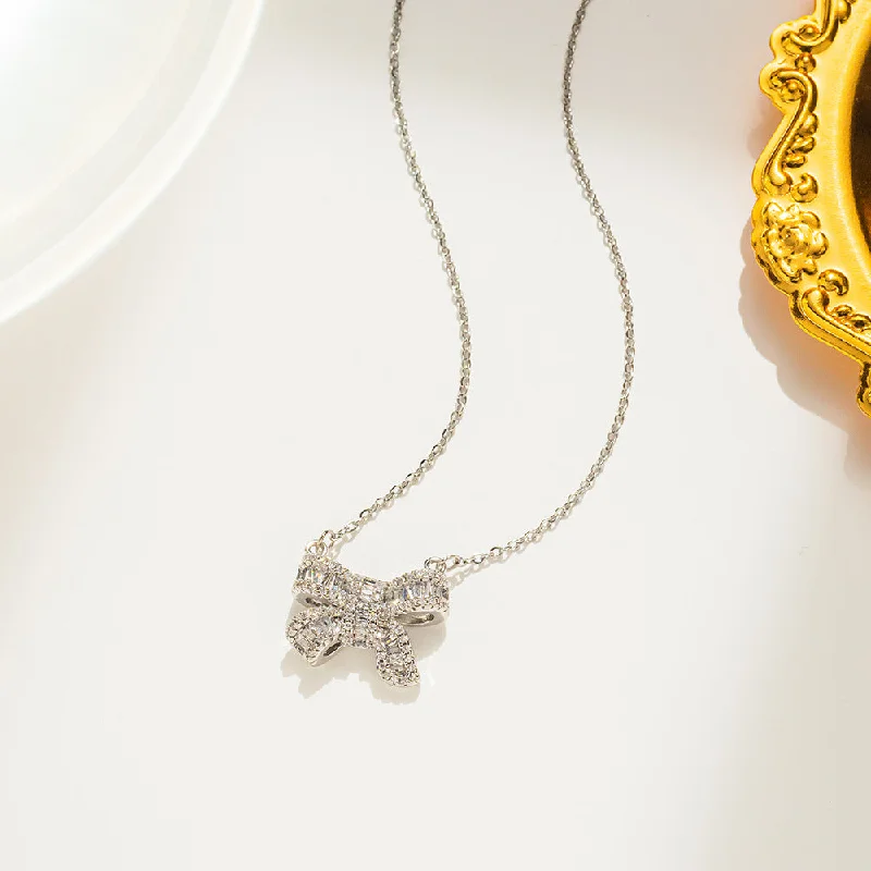 551 Crystal Zirconium Bow Necklace Silver