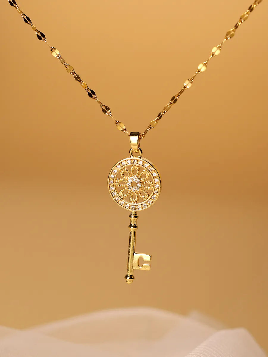 Best Unique Necklaces-Simple Style Key Stainless Steel Plating Hollow Out Inlay Zircon 18k Gold Plated Pendant Necklace