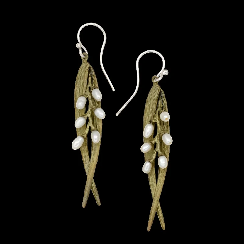 Earrings For Warm Seasons-Rice Earrings - Double Leaf Pearl Wire