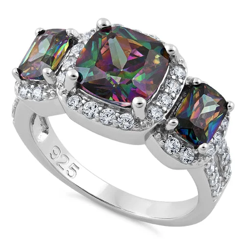 Rings Comfort Test-Sterling Silver Three Stone Halo Rainbow CZ Ring