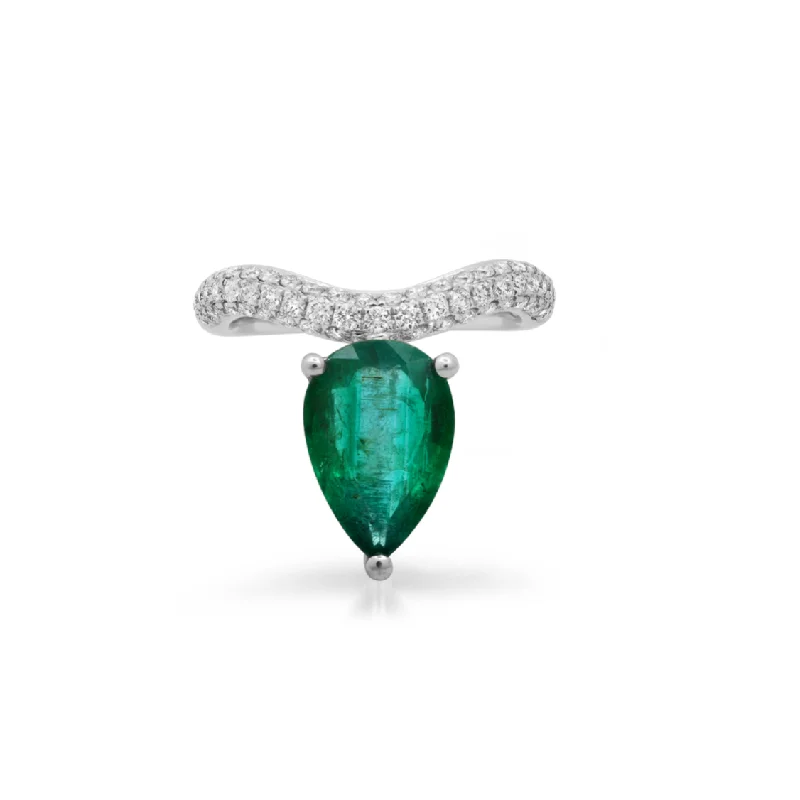 Best Pick Rings-One of a Kind Large Fancy Pear Shape Emerald & Diamond Wave Ring