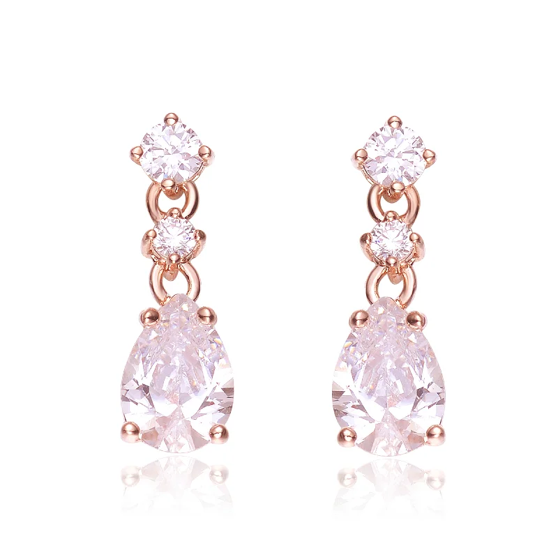 Earrings For Tall Styles-Cubic Zirconia Sterling Silver Rose Gold Plated Pear Drop Earrings