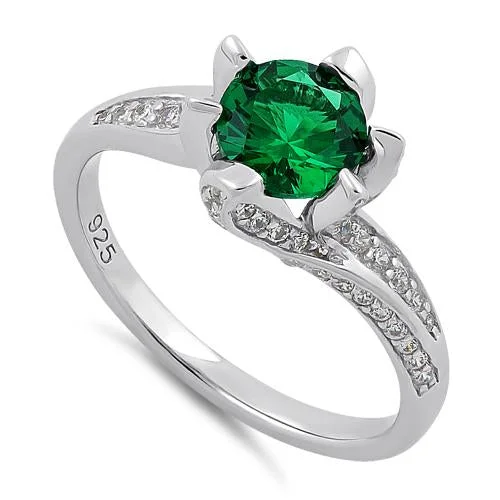 Rings For Mix And Match-Sterling Silver Round Cut Emerald & Clear CZ Ring