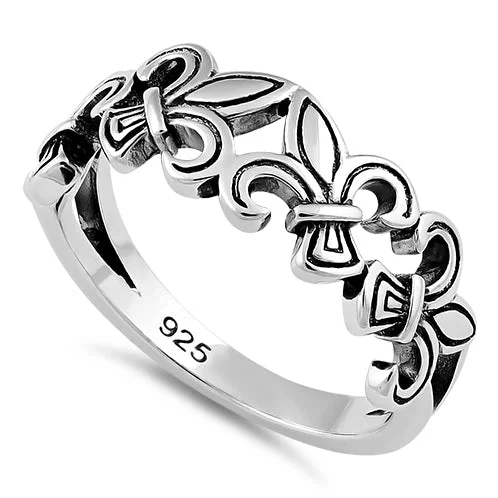 Rings With Secure Settings-Sterling Silver 4 Fleur de Lis Ring