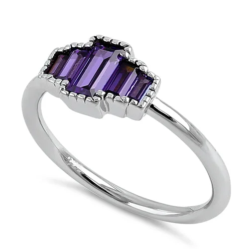 Best Rings For Daily Use-Sterling Silver Five Baguette Cut Amethyst CZ Ring