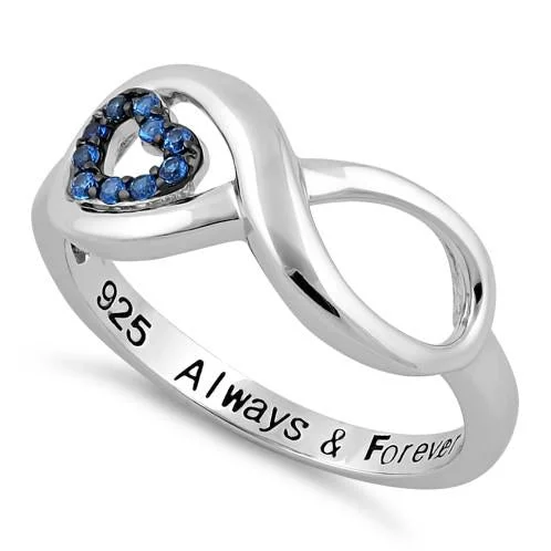 Rings For Beach Days-Sterling Silver Infinity Blue Spinel Heart "Always & Forever" Engraved CZ Ring