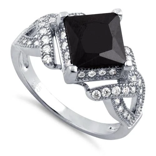 Rings With Dangle Charms-Sterling Silver Pave Black CZ Princess Cut Ring