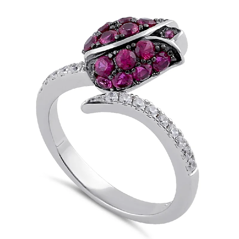 Rings With Silver Shine-Sterling Silver Ruby and Clear CZ Rose Ring