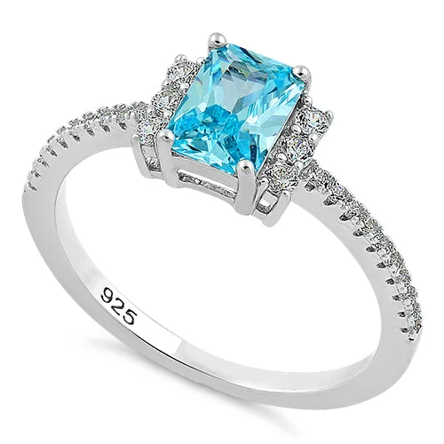 Rings For Subtle Charm-Sterling Silver Blue Topaz Rectangle CZ Ring