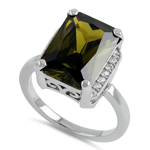 Durable Rings For Long Wear-Sterling Silver Big Peridot Rectangle CZ Ring