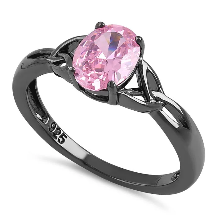 Tiny Rings For Simplicity-Sterling Silver Black Rhodium Plated Charmed Oval Pink CZ Ring