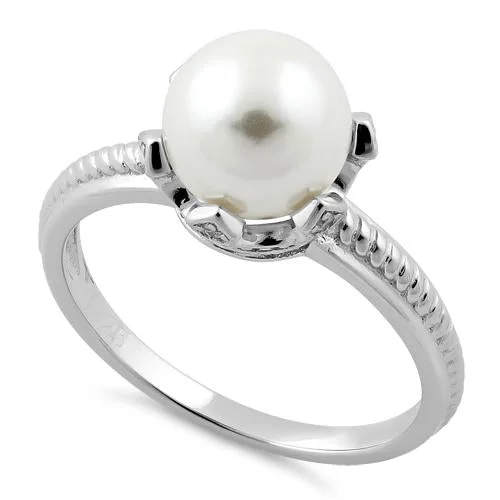 Rings For Special Occasions-Sterling Silver King Crown Synthetic Pearl CZ Ring