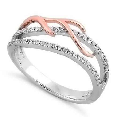 Rings With Secure Settings-Sterling Silver Two-tone Rose Gold Plated Vines Freeform CZ Ring