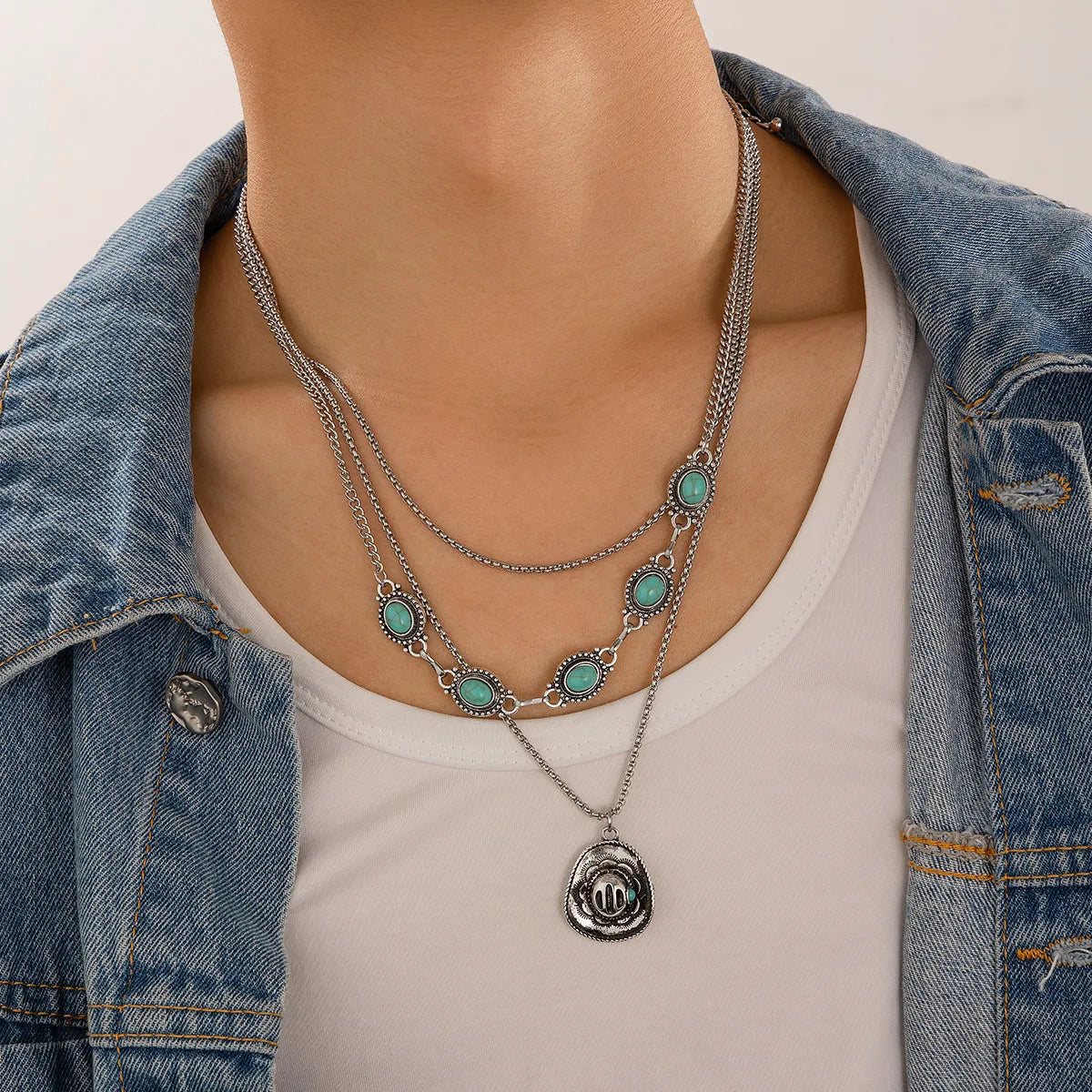 Necklaces For Silver Fans-Hip-Hop Retro Cowboy Style U Shape Geometric Alloy Plating Inlay Turquoise Men'S Three Layer Necklace