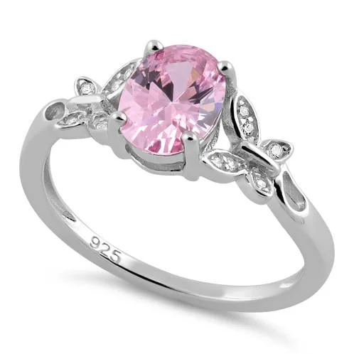 Rings Glow Rating-Sterling Silver Double Butterfly Pink Center Stone CZ Ring