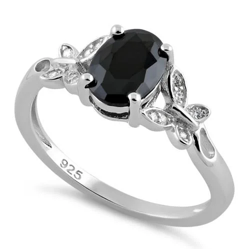 Rings Shape Guide-Sterling Silver Double Butterfly Black Center Stone CZ Ring