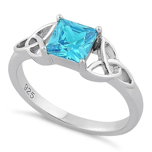 Smooth Rings For Wear-Sterling Silver Celtic Aqua Blue Princess Cut CZ Ring