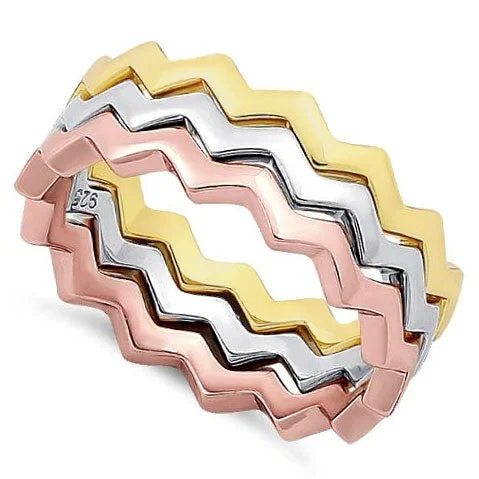 Rings For Big Nights-Sterling Silver Tri-Color Zig Zag Stackable Ring