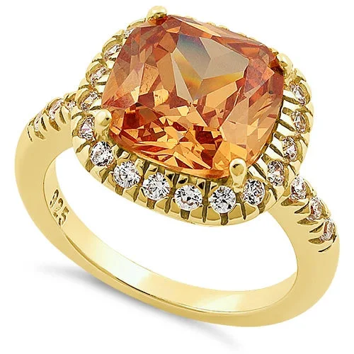 Rings For Cool Hues-Sterling Silver Two Tone Gold Plated Halo Princess Cut Champagne CZ Ring