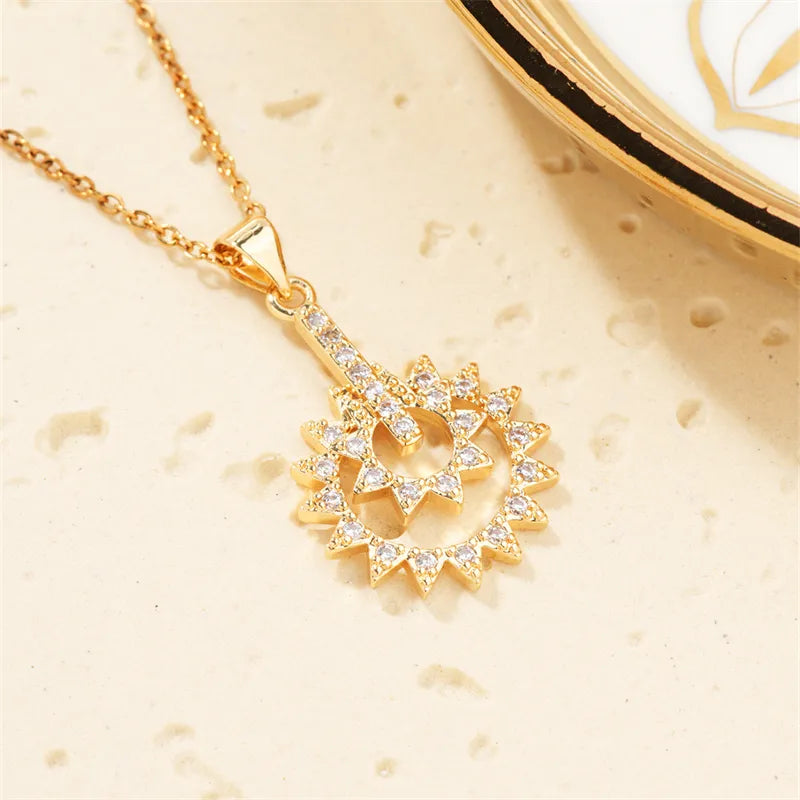 Necklaces For Small Charms-304 Stainless Steel Copper K Gold Plated Casual Classic Style Three-Dimensional Inlay Sun Zircon Pendant Necklace