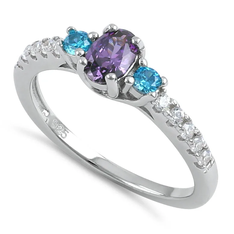 Rings For Gift Ideas-Sterling Silver Enchanted Oval Amethyst and Blue Topaz CZ Ring