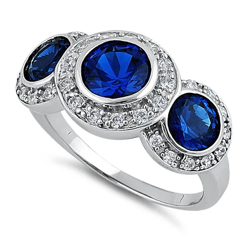 Rings For Party Glam-Sterling Silver Blue Sapphire Three Stone Halo CZ Ring