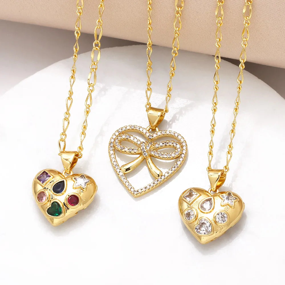 Necklaces Fix Tips-201 Stainless Steel Copper 18K Gold Plated Inlay Heart Shape Bow Knot Zircon Pendant Necklace