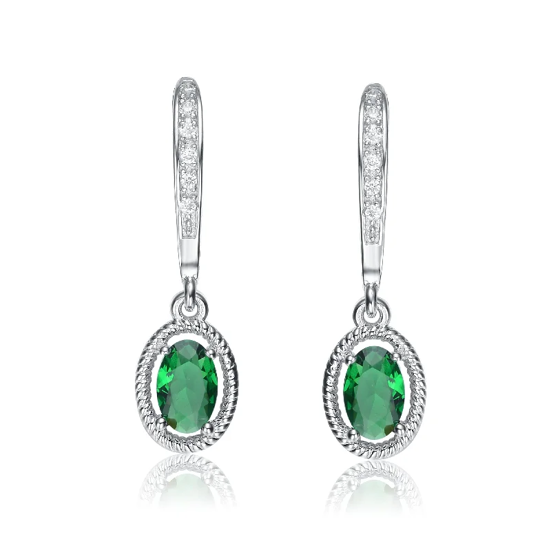 Earrings For Matching Sets-Sterling Silver Green Cubic Zirconia Oval Dangling Earrings