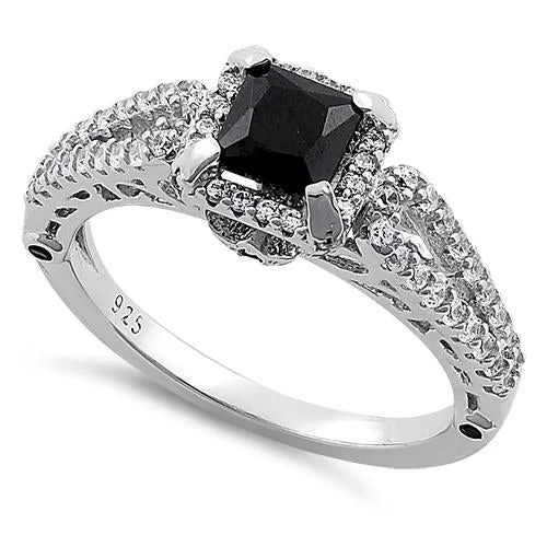 Vivid Rings For Pop-Sterling Silver Lavish Princess Cut Black CZ Ring