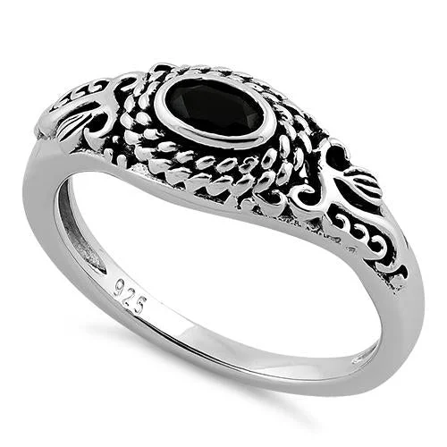 Rings For Bold Necklaces-Sterling Silver Rope Black CZ Ring