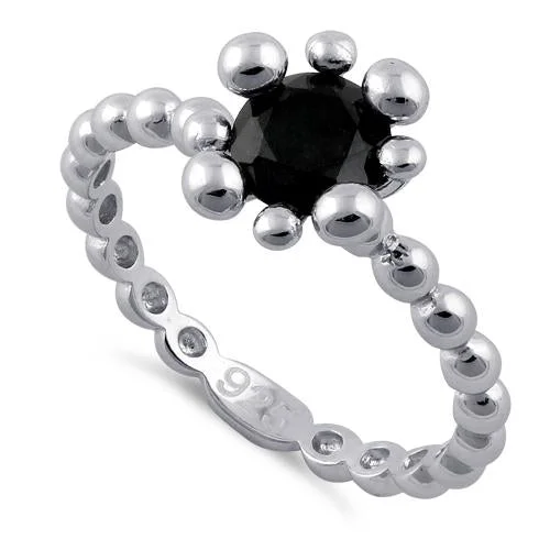 Rings Pair Tips-Sterling Silver Beaded  Black Round CZ Ring